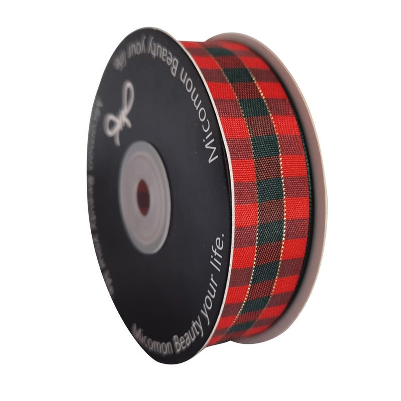 Micomon شريط Micomon X'Mas Gingham Ribbon أخضر أحمر معدني شريط Gingham بطول 25 ياردة لكل لفة 100% بوليستر (1 بوصة"، أحمر أخضر ذهبي) - Image 2
